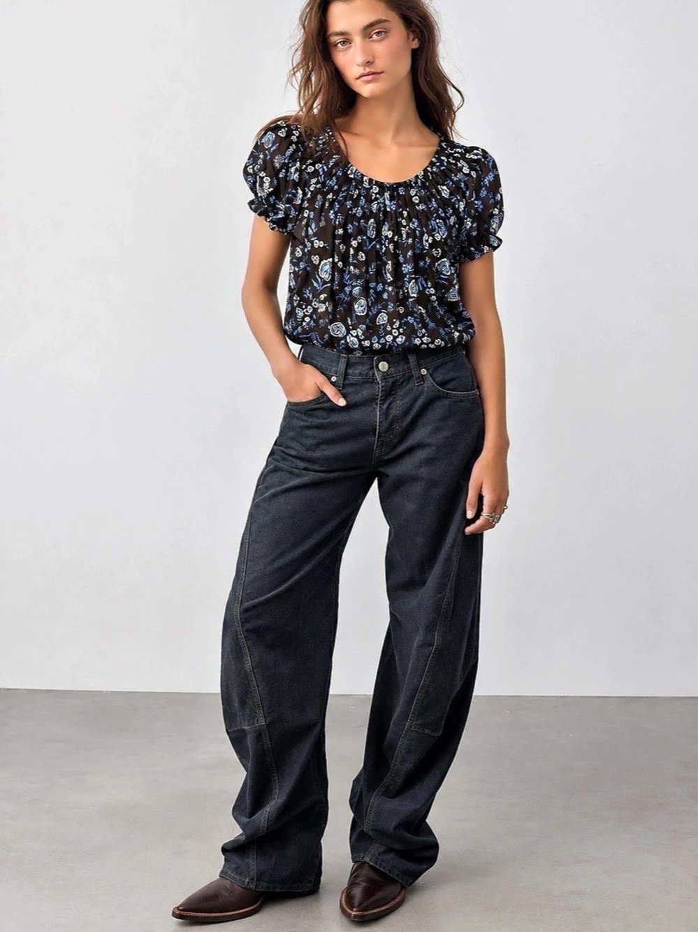 363. style&co Floral Puff Sleeve Blouse in Black & Blue Size XS